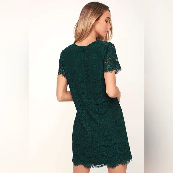 Lulus Lace Mini Dress Dark Green Short‎ Sleeve Sheath Scalloped Hem Size M - Image 2