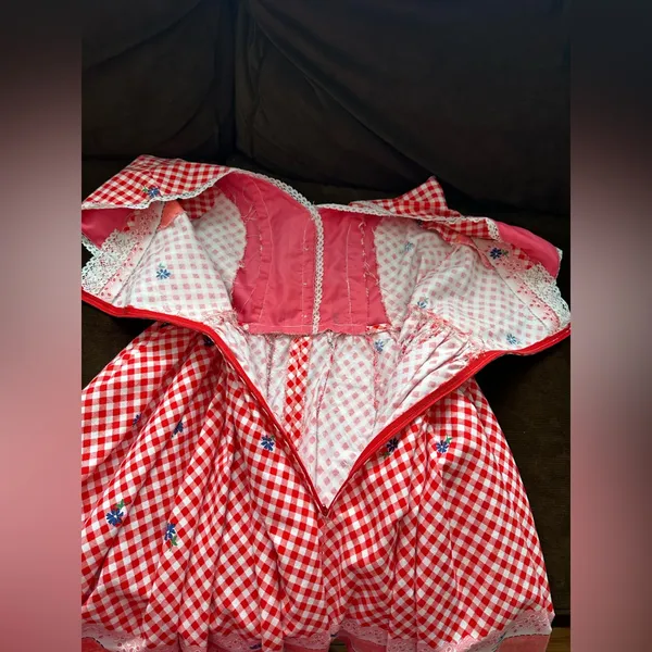 Red White Retro Gingham Checkered Lace Sleeveless Wing Hand Made Dress Sz S - Image 13