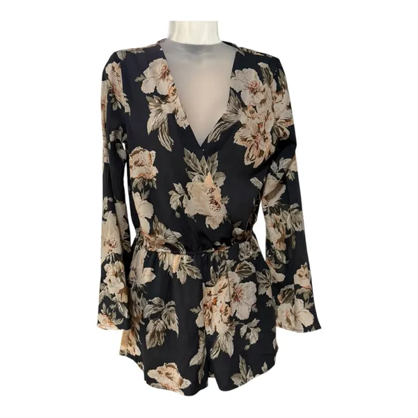 Lulus Floral Romper Womens Small‎ Black Excellent Long Bell Sleeve V-Neck Boho - Image 2