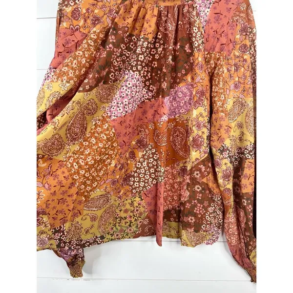 Aura Floral Paisley Patchwork Long Sleeve Peasant Blouse Size L Tie Back - Image 4