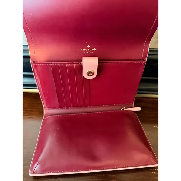 Kate Spade Wallet Women OS Pink Leather‎ Bifold Phone Case Clutch Burgundy - Image 5