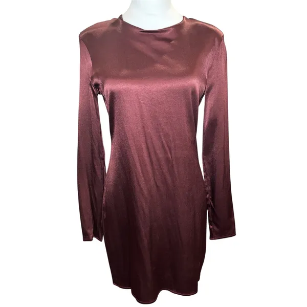 Zara Brown Satin Mini Dress Size M‎ Long Sleeve Keyhole Back Chocolate Burgundy - Image 5
