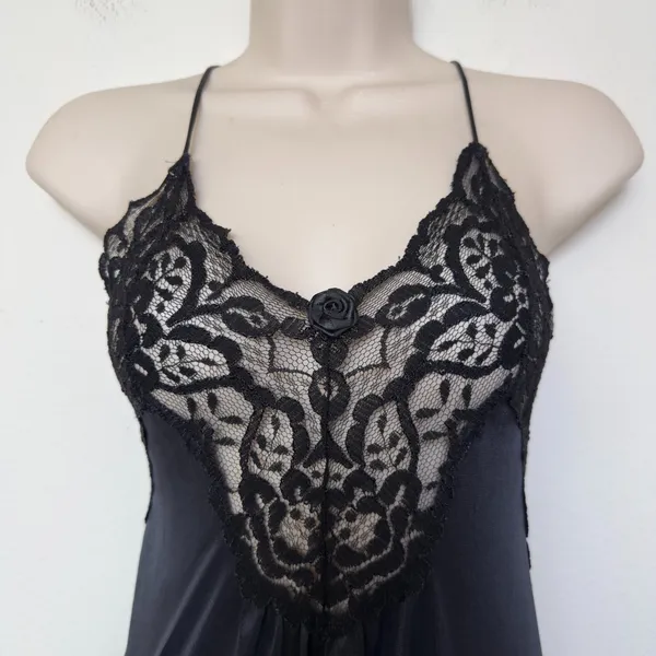 Val‎ Mode Womens Nightgown Medium Black Lace Trim Rose Accent Midi Slip Dress - Image 2