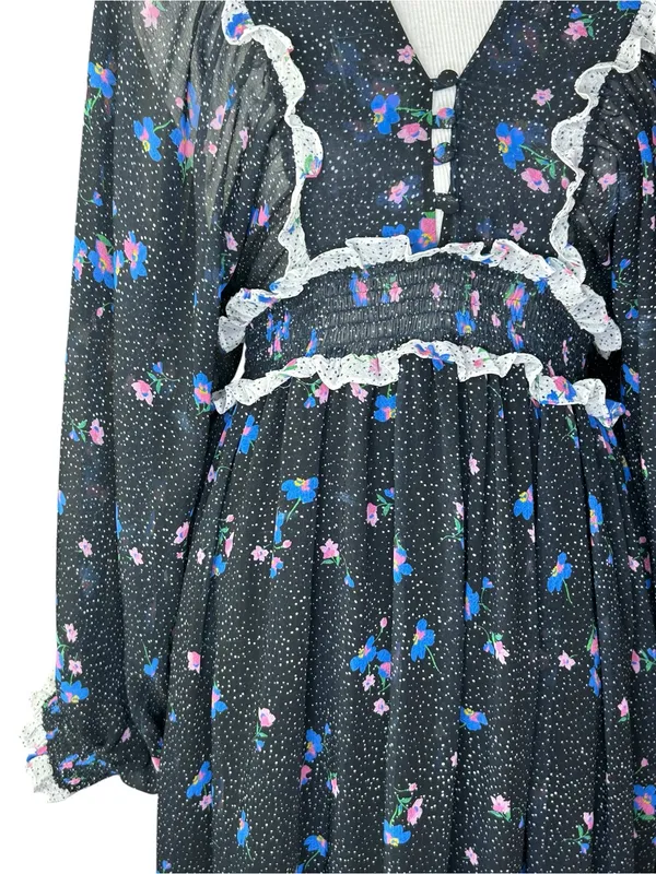 New Anthropologie Alders’ ruffle tiered dress size 0 polka dot chiffon maxi navy - Image 3