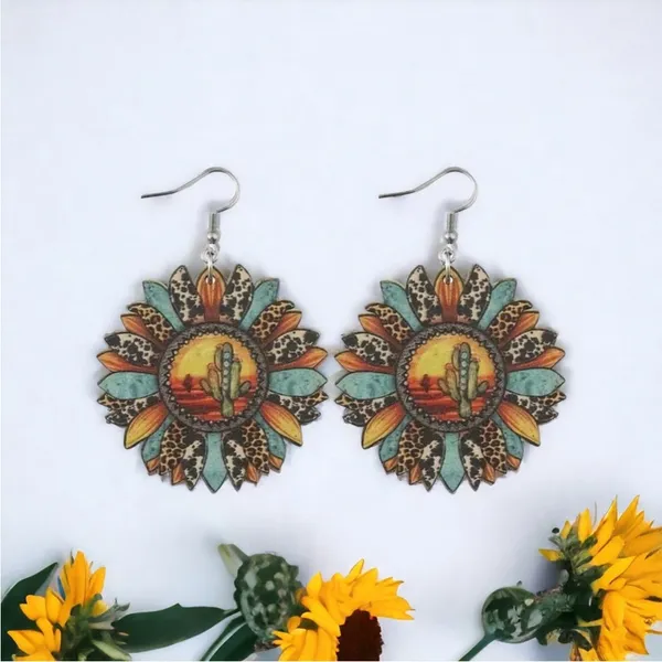 Sunflower shaped pendant drop‎ leopard pattern wooden hook earrings - Image 4