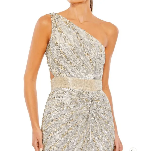 Mac Duggal 5687 SEQUINED ONE SHOULDER DRAPED LACE UP GOWN dress Silver 8 - Image 4