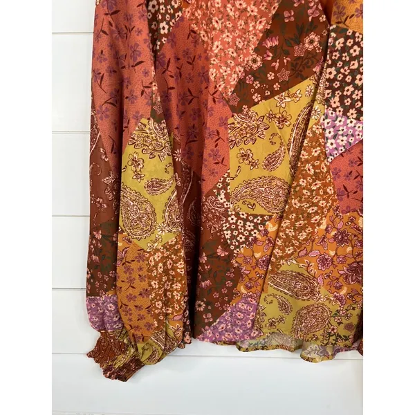 AURA Blouse Womens Size L Patchwork Tie Neck Long Sleeve Bohemian Relaxed Fit - Image 8