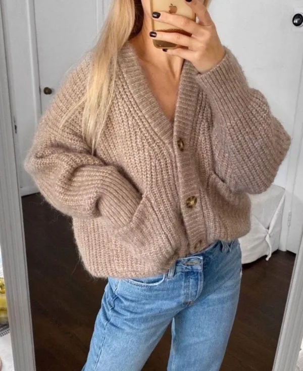 ZARA Patch Pocket Knit Oversized Cardigan Jacket Sweater Outerwear Tan Brown - Image 2
