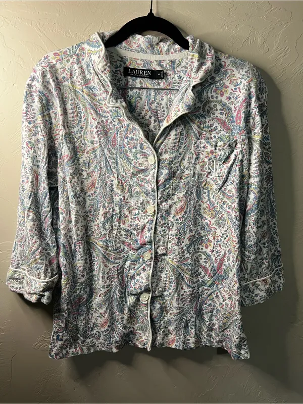 Lauren Ralph Lauren Paisley Monogram Knit Jersey Cropped Preppy Comfy Pajama Set - Image 2