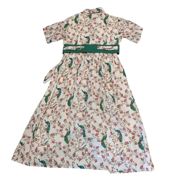 Beau & Ro Peacock Floral Block Print Cotton Midi Shirt Dress S Cream Green Boho - Image 4