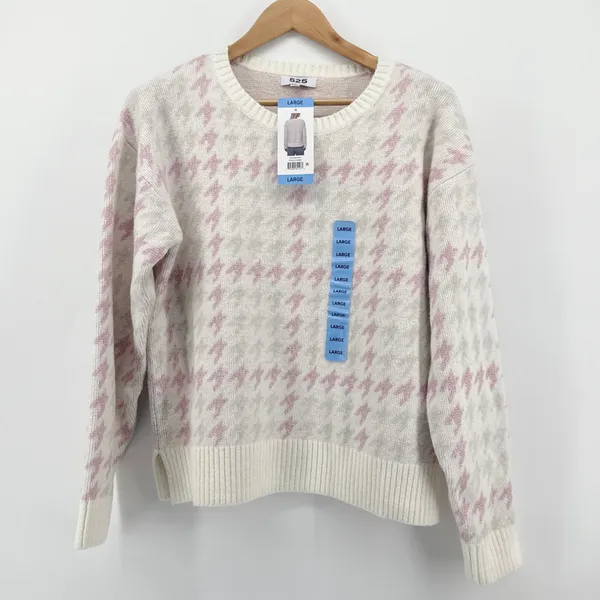 NEW NWT 525 Women's Large Super Soft Crewneck Lurex‎ Fairisle Sweater Pink White - Image 3