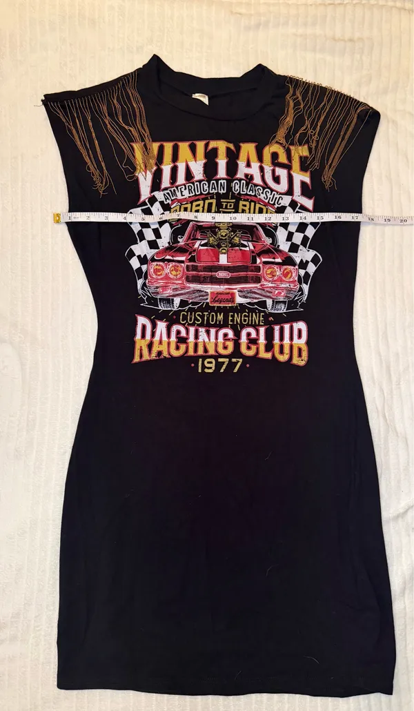 Vintage Racing Club Graphic T-Shirt Dress Fringed Shoulder Size L - Image 14