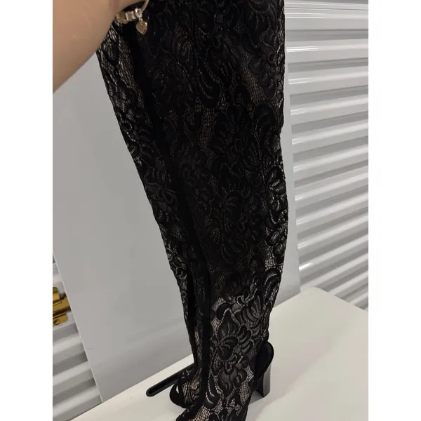 Bamboo Black Lace‎ Over The Knee Boots Open Toe Block Heel Thigh High Size 8.5 - Image 4