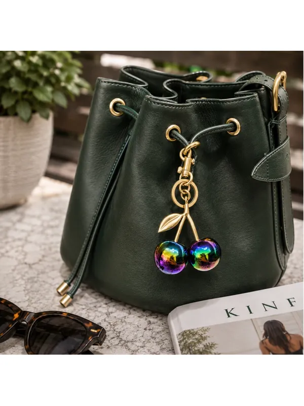 NEW Cherry Charm Keychain Gold and Multicolor Oil Slick NWT - Image 2
