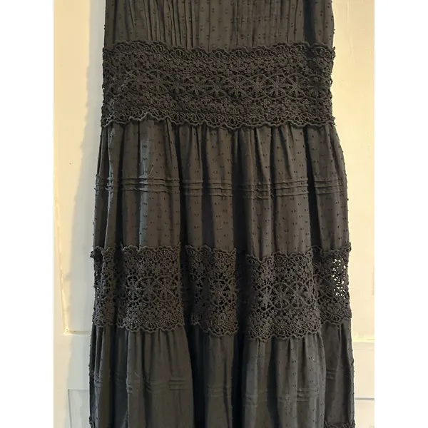Anthropologie Love The Label Black Flocked Lace Crochet Tiered Cotton Maxi Sz XS - Image 4