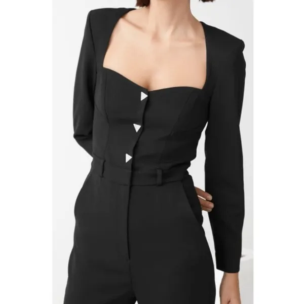 &‎ Other Stories Black Jumpsuit W Retro Triangle Diamond Studded Buttons Size 0 - Image 10