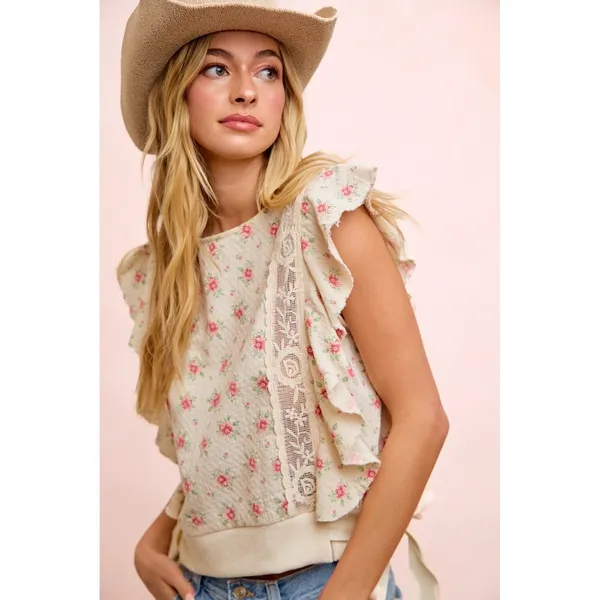 BiBi Flower Printed Ruffle Sleeve Trim Detail Top - Red Flower - Large - Image 7