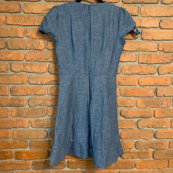 J. Crew Chambray Dress Womens‎ 2 Blue V-Neck Short Sleeve Tie Detail Casual Mini - Image 4