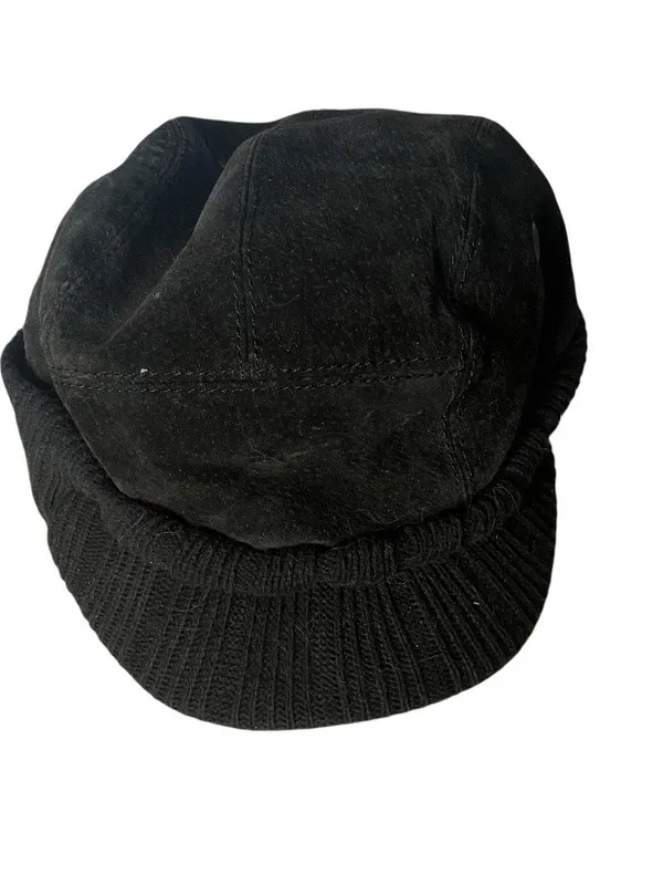 WILSONS LEATHER Black Suede Newsboy Cap Quilted Lined Ear Flaps Hat S/M UNISEX - Image 4