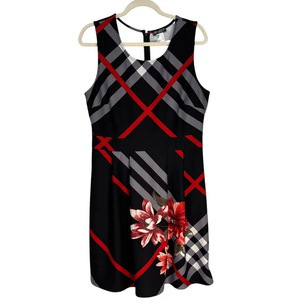 Venus Black‎ Red Gray Plaid Floral Sleeveless Knee Length Dress Women's Size L - Image 11