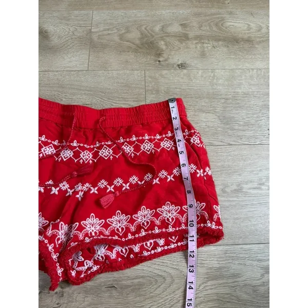 LOFT Red Embroidered shorts LINEN VISCOSE drawstring BOHO pockets Fray Edge sz S - Image 6