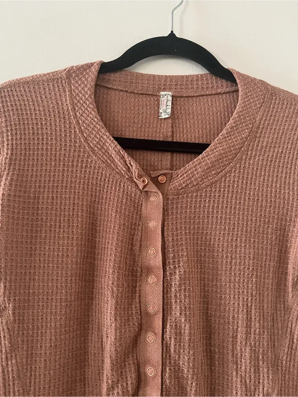 Intimately FP Brown Waffle Knit Button Front Top Small Henley Cardigan Rustic - Image 3