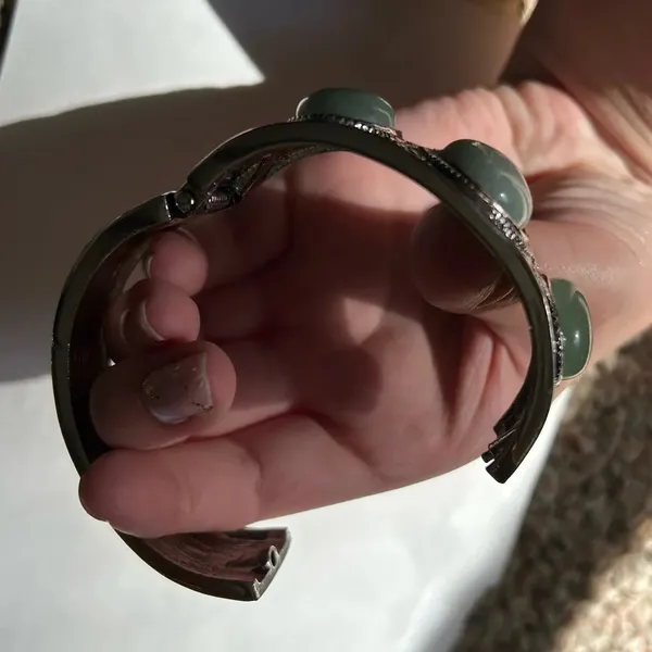 Green Aventurine Bangle Bracelet in Black Oxidized Silvertone - Image 5