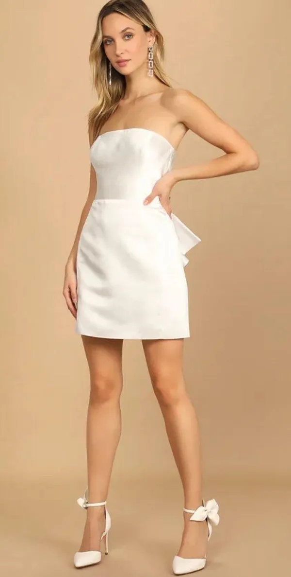Lulus New Soiree Hour White Satin Strapless Bow Mini Dress - Image 3