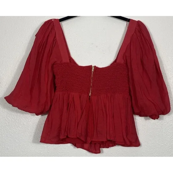 Sofie the label Red Puff Sleeve Smocked Ruffle Cropped Top Square Neck Size S - Image 5