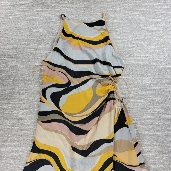 Sugarlips Lourdes Cut Out Dress Womens Large Yellow Tan Ruched Midi Silky Lined - Image 11