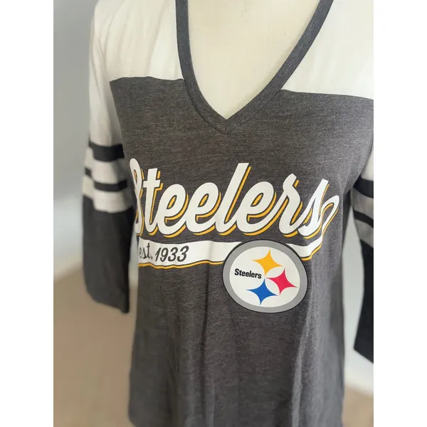 NFL Steelers Football T-Shirt V-Neck 3/4 Sleeve Gray White Womens‎ Size S - Image 2