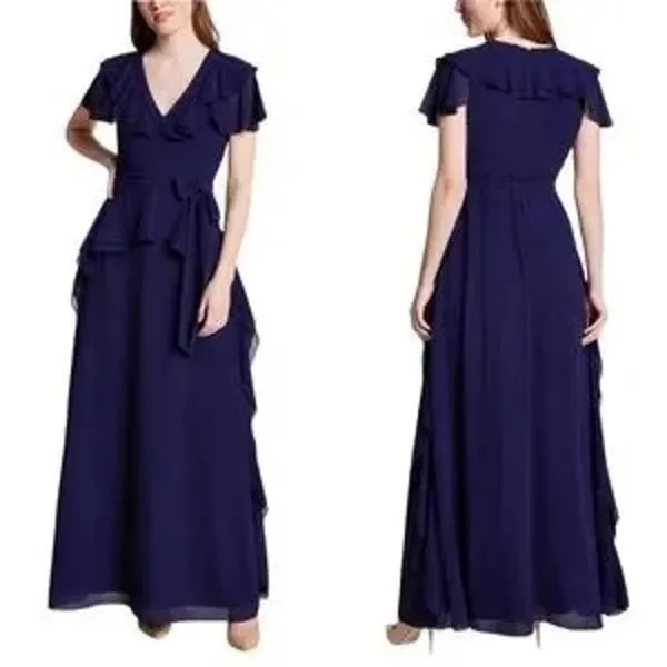 Shani Navy Blue Ruffle Trim V-Neck Flutter Sleeve Formal Evening Maxi Dress 6 - Image 2