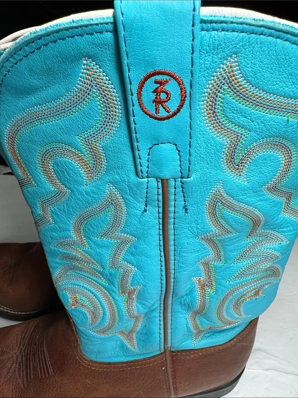 Tony Lama Brown Leather Cowboy Boots with Turquoise Shaft square toe cowgirl 10C - Image 4