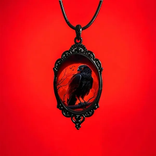 Gothic‎ Crow Red Moon Cameo Style Black Necklace Pendent - Image 6