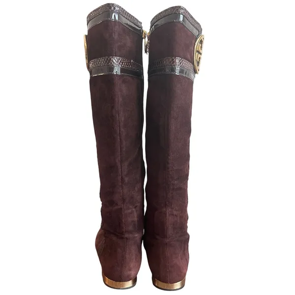 Tory Burch Brown Suede Riding Boots Snakeskin Gold Logo Knee High Sz 8 - Image 4