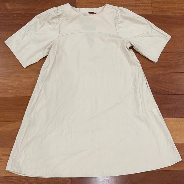 ING9 Short Puff‎ Sleeve Mini Dress Womens Beige Open Back Pockets OS One Size - Image 3