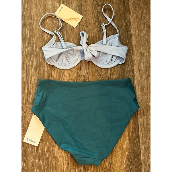 Quince Italian Demi Bikini Top in Light Blue Size and Teal High Rise Bottoms XS - Image 6