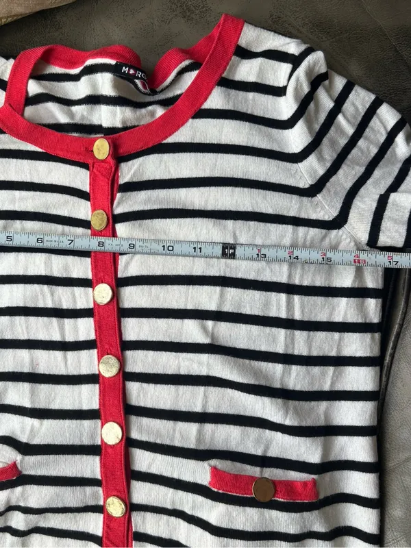 Morgan de toi France Striped Black and White Sweater Cardigan with Red Trim - Image 6
