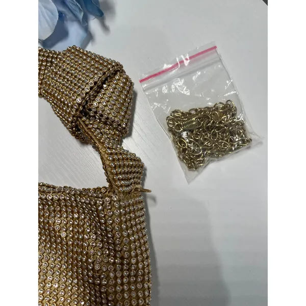 Gold Rhinestone Mesh Knotted‎ Handle Evening Handbag with Detachable Chain Strap - Image 8