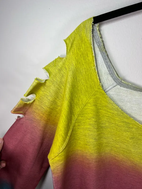 Ombre Cutout Sweatshirt Yellow Pink Blue Wide Neck Slouchy 80s Streetwear Large - Image 4