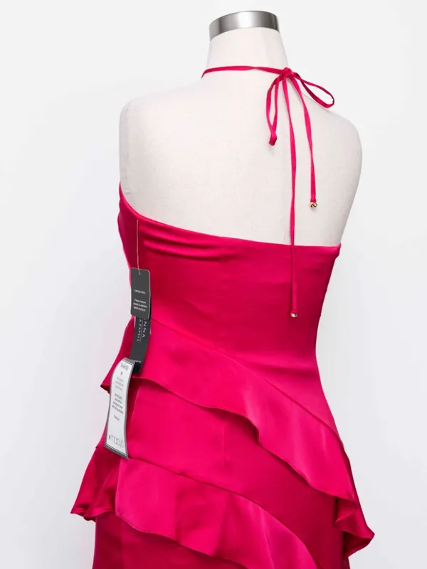 Adrianna Papell - Halter-Neck Ruffled Satin High-Low Gown - Image 10