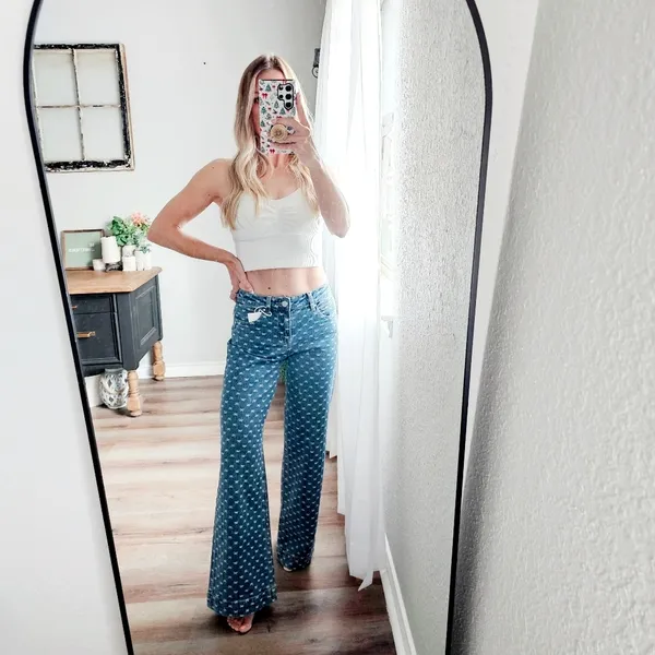 Wide Leg Blue Patterned Jeans - Women's Flare & Wide Leg - Image 4