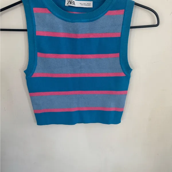 Zara Blue & Pink Striped Sleeveless Cropped Tank - Image 3