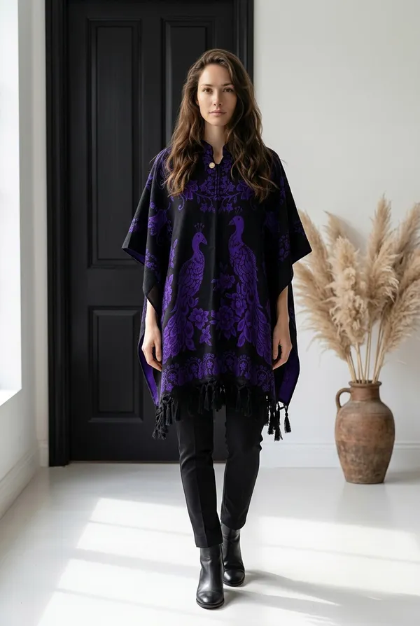 Artesanía San Martin Handmade Purple/black Peacock Print Poncho With Fringe. OS - Image 2