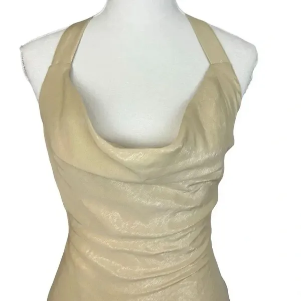 Zara Iridescent Satin Effect Mini Dress Draped Neck Open Back XS Gold Beige Y2K - Image 6
