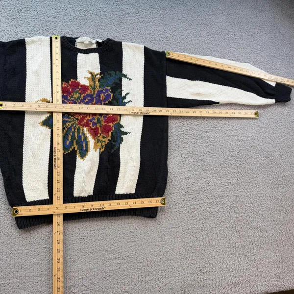 Vintage 90s Perry Ellis Hand Knit Floral Striped Cotton Sweater Black Cream L - Image 4