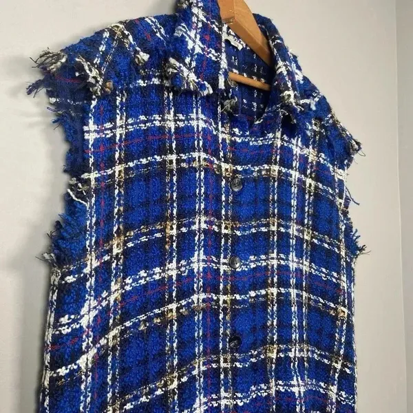 Zara Tweed Textured Mini Dress Size‎ S Small Raw Edge Oversized Check Button Up - Image 2