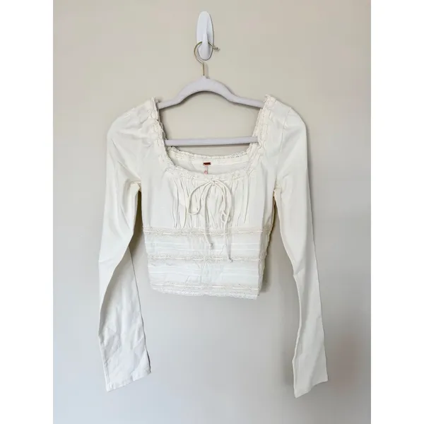 Free People White Lace Trim Milkmaid Crop Top Long Sleeve Square Neck Size Small - Image 4