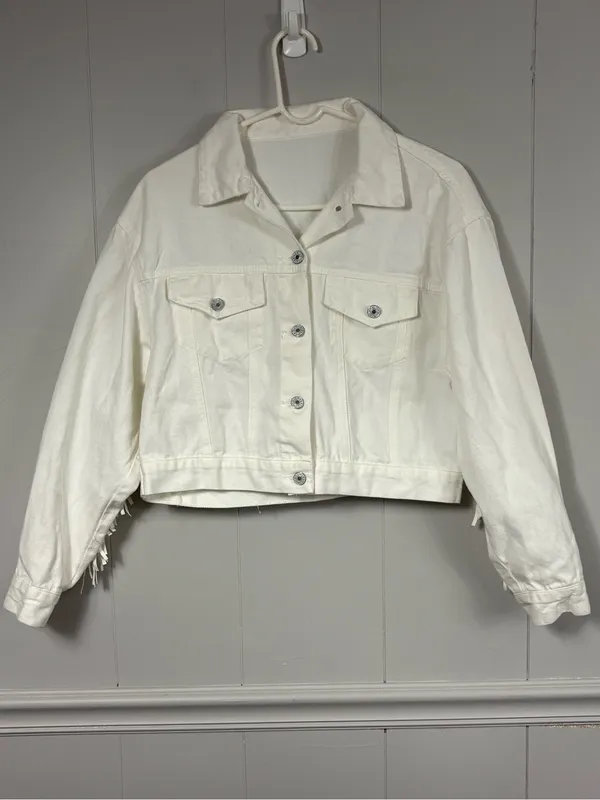 White Fringe Medium Buttondown Jean Jacket Festival Western Cowboy Country - Image 2
