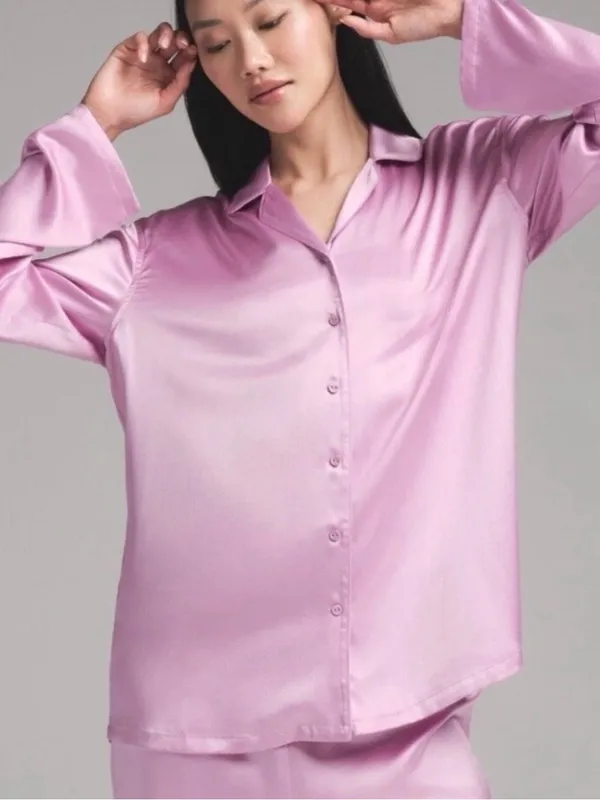 SKIMS Woven Shine Long Sleeve Sleep Set Pajamas Pink Rose Size M NWT - Image 3